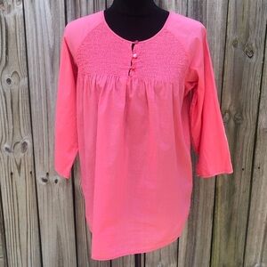 Caribbean Joe Coral 100% Cotton Smocked Tunic with 3/4 Sleeves Size S